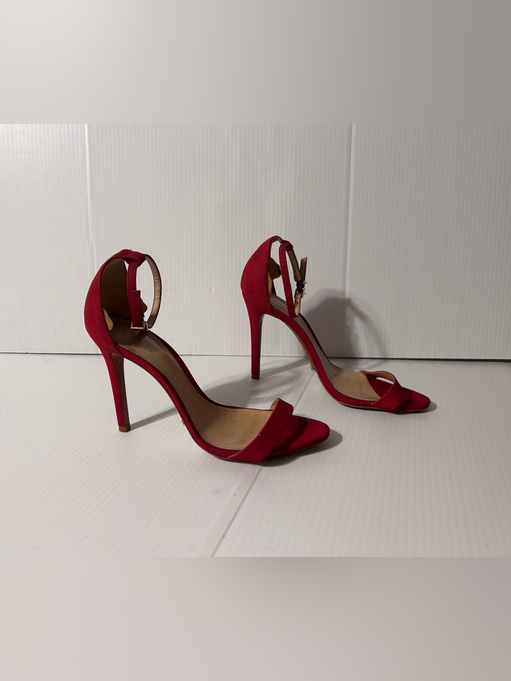 SCHUTZ Red Suede Open-Toe Ankle Strap Stilettos size 39 EU / 9 US